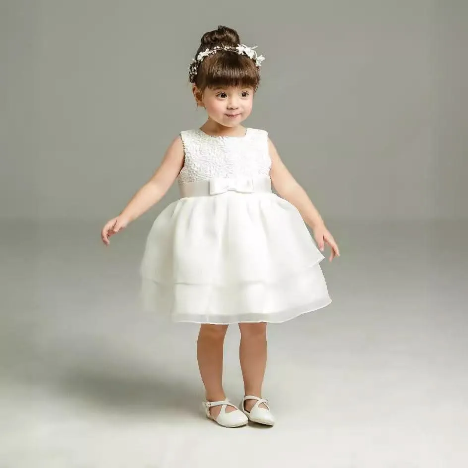 Baby clothes 0-24 about one year old birthday party dress sleeveless white embroidered mesh bow girl princess dress