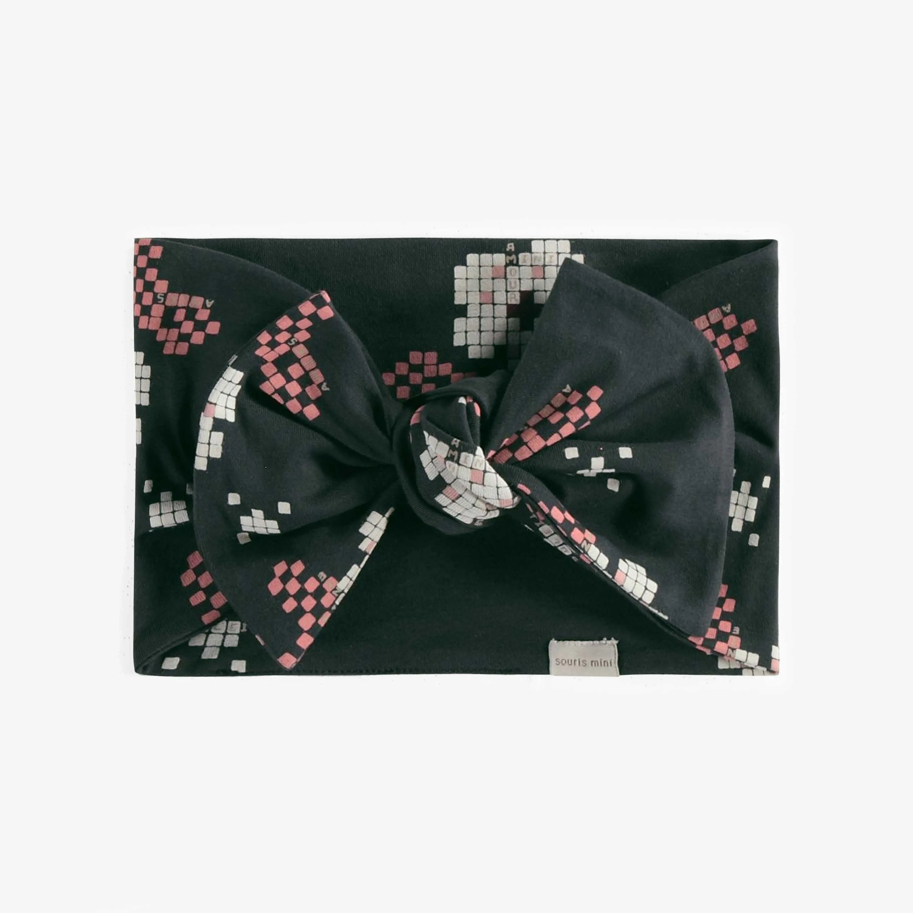 Bandeau noir à nouer avec motif en jersey, enfant || Black headband to knot with a print, child