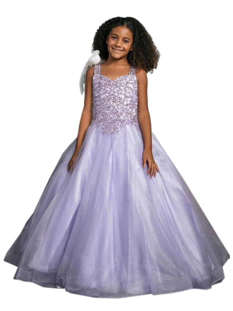 Big Girls Lilac Embroidered Bodice Glitter Tulle Gown 8-16