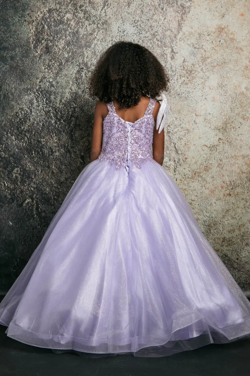 Big Girls Lilac Embroidered Bodice Glitter Tulle Gown 8-16