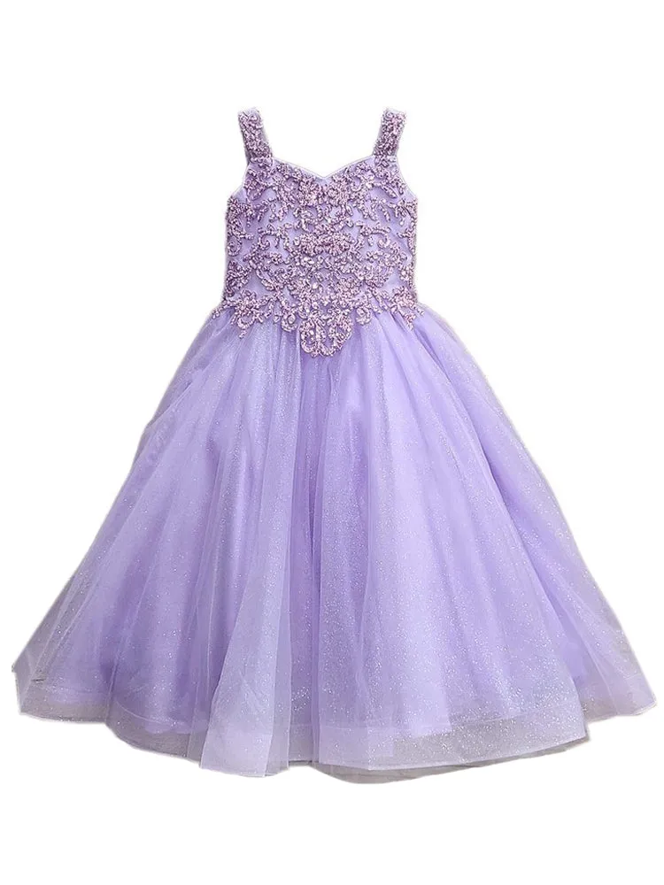 Big Girls Lilac Embroidered Bodice Glitter Tulle Gown 8-16