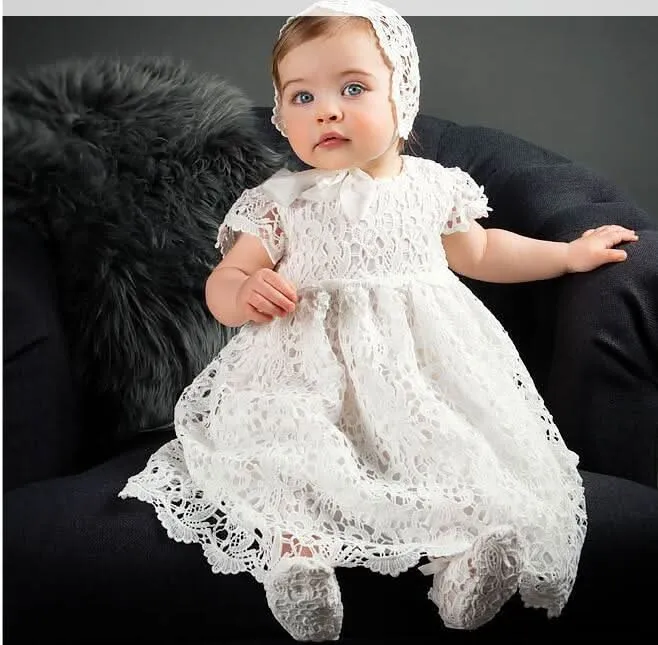 Children's classic lace short sleeved dress elegant pure white hollow bow baby birthday party girl princess dress