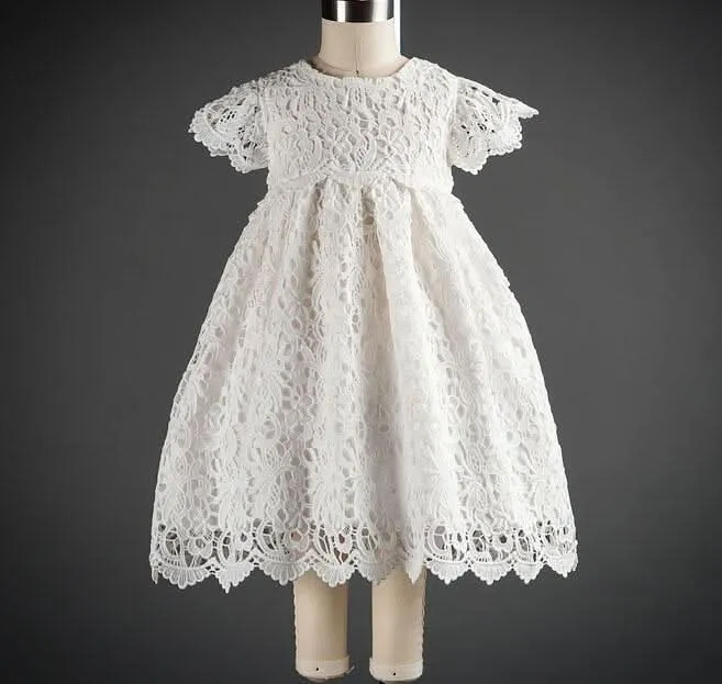 Children's classic lace short sleeved dress elegant pure white hollow bow baby birthday party girl princess dress