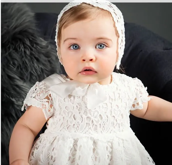 Children's classic lace short sleeved dress elegant pure white hollow bow baby birthday party girl princess dress