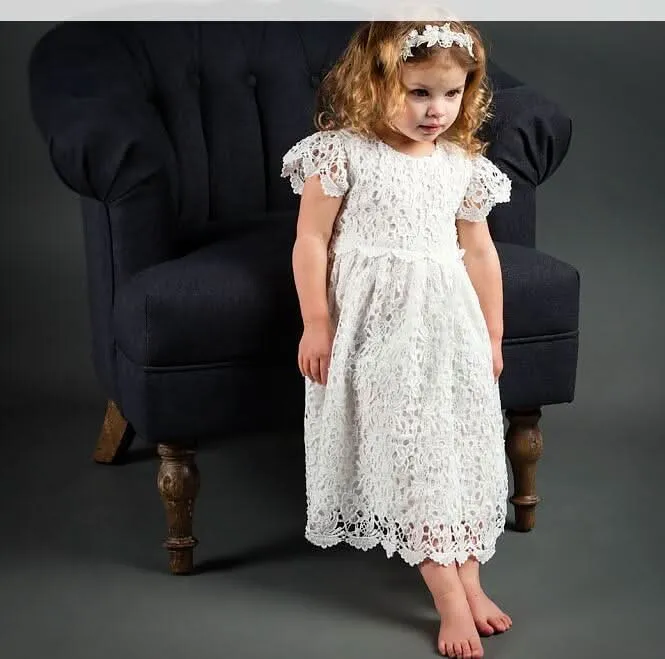 Children's classic lace short sleeved dress elegant pure white hollow bow baby birthday party girl princess dress