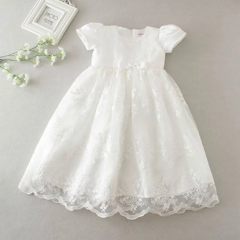 Children's Pure White Wedding Flower Girl Princess Dress Summer Short Sleeves Gorgeous and Elegant Lace Flower Birthday Party Evening Dress