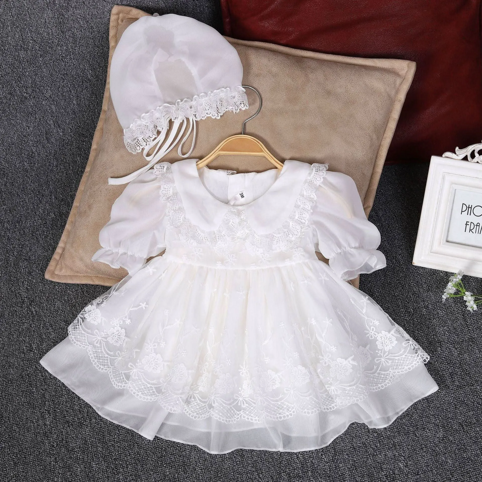 Elegant and gorgeous evening dress, summer lightweight and breathable birthday party, baby stylish lace girl princess dress hat two-piece set