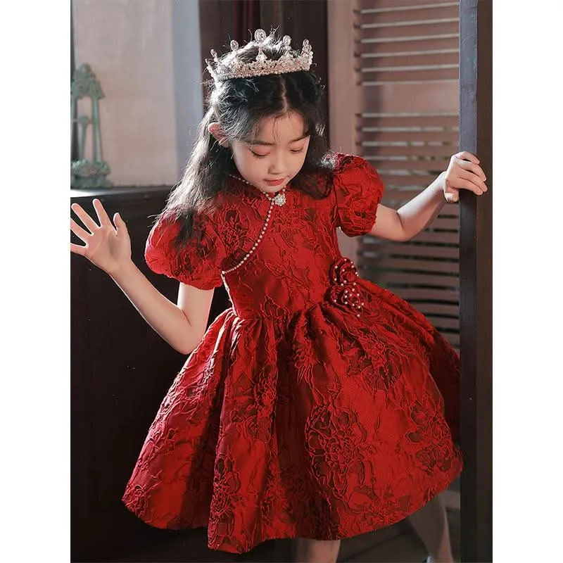 Elegant Vintage Red Lace Girls' Dress Classic Chinese Design Girls' Evening Dress