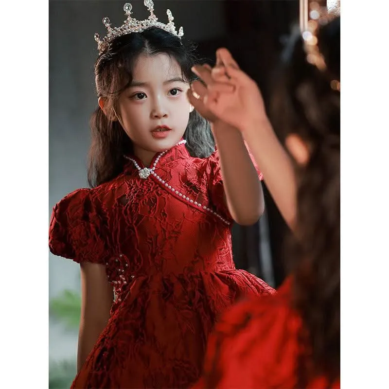 Elegant Vintage Red Lace Girls' Dress Classic Chinese Design Girls' Evening Dress