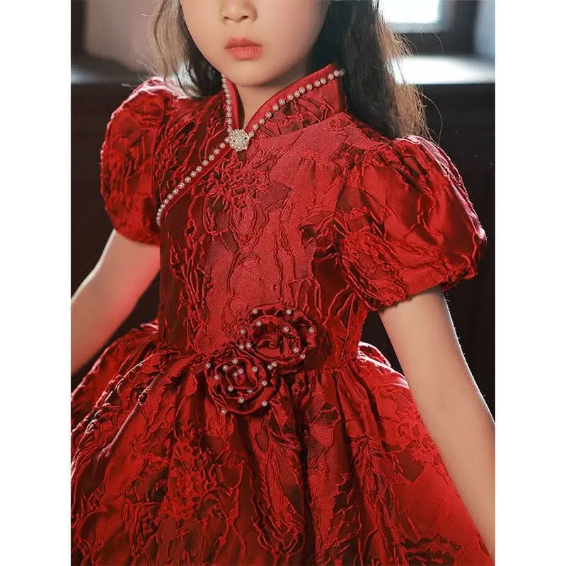 Elegant Vintage Red Lace Girls' Dress Classic Chinese Design Girls' Evening Dress