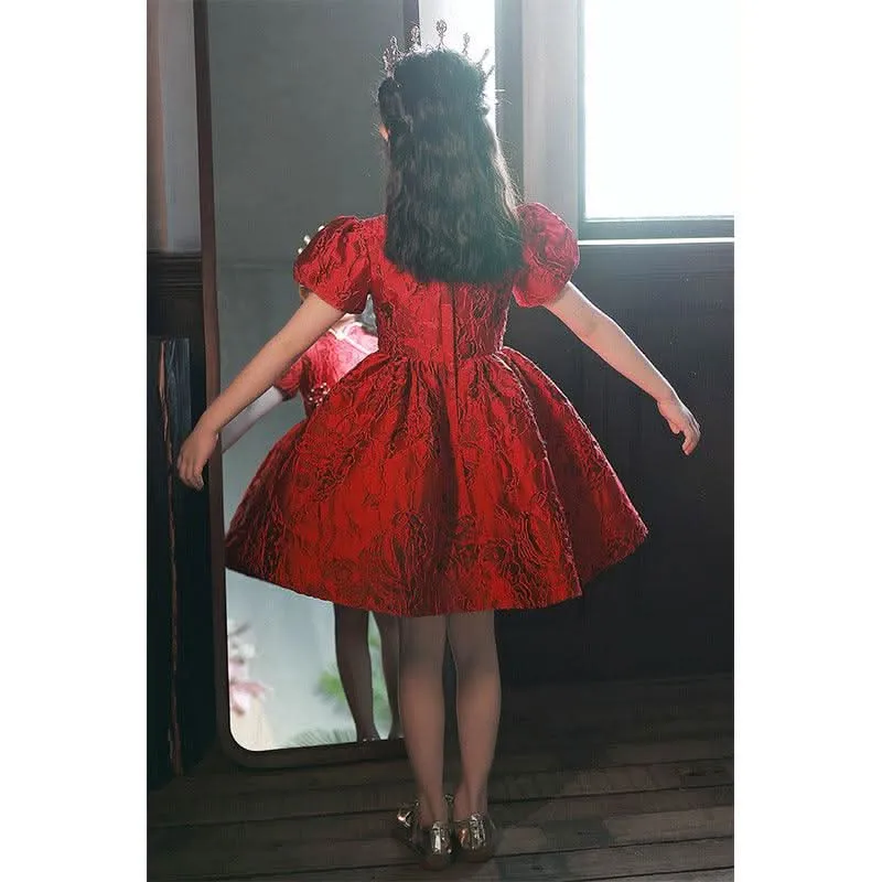 Elegant Vintage Red Lace Girls' Dress Classic Chinese Design Girls' Evening Dress