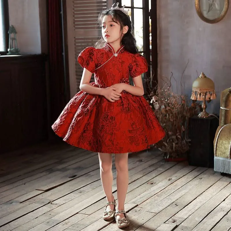 Elegant Vintage Red Lace Girls' Dress Classic Chinese Design Girls' Evening Dress