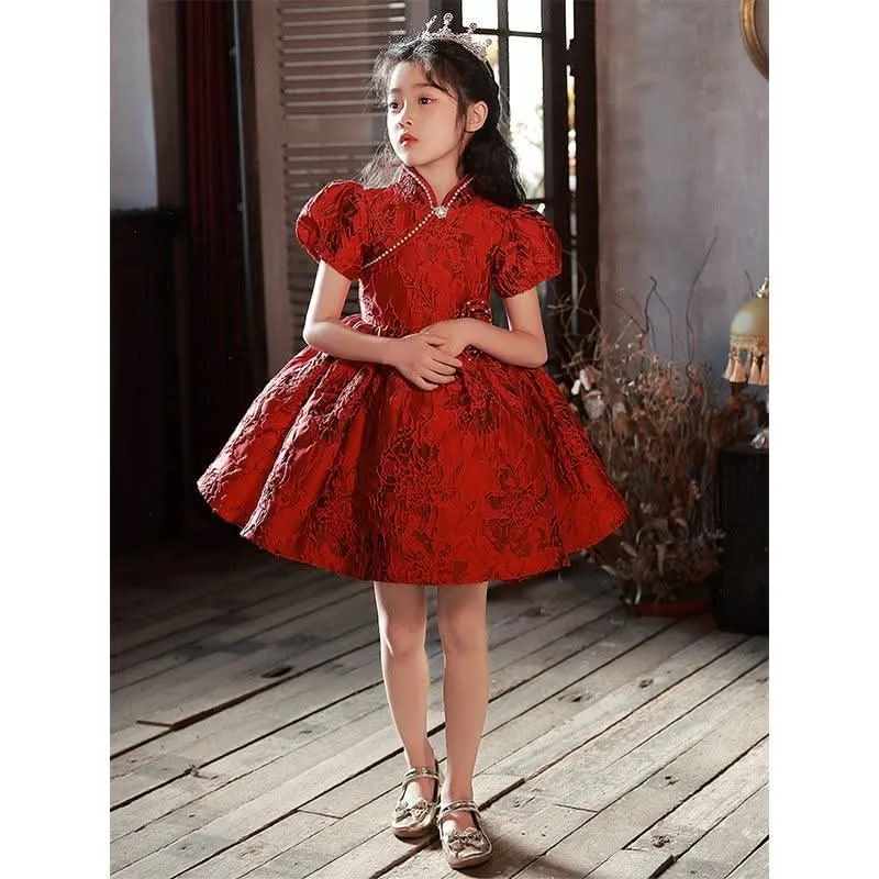 Elegant Vintage Red Lace Girls' Dress Classic Chinese Design Girls' Evening Dress