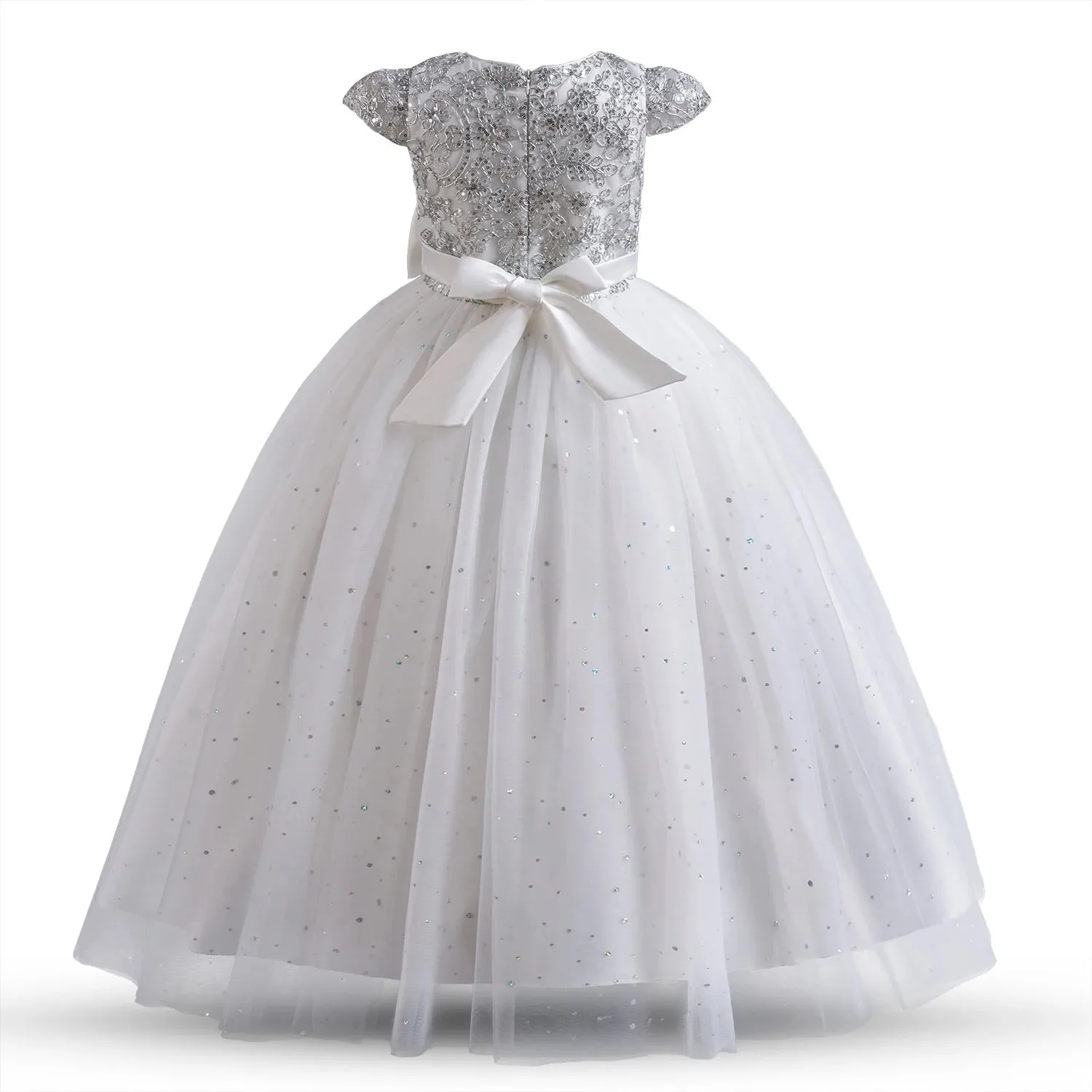 Elegant White Flower Girl Bridesmaid Dress for Girls | Mid-Calf Kids Party & Communion Ball Gown