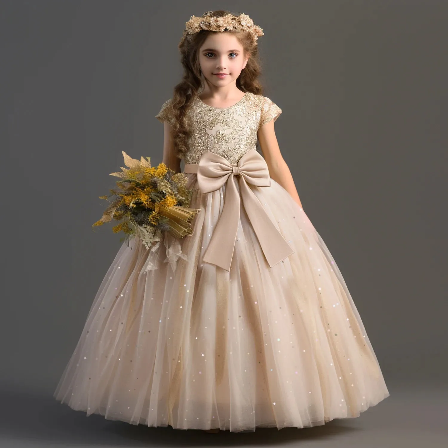 Elegant White Flower Girl Bridesmaid Dress for Girls | Mid-Calf Kids Party & Communion Ball Gown