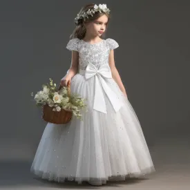 Elegant White Flower Girl Bridesmaid Dress for Girls | Mid-Calf Kids Party & Communion Ball Gown