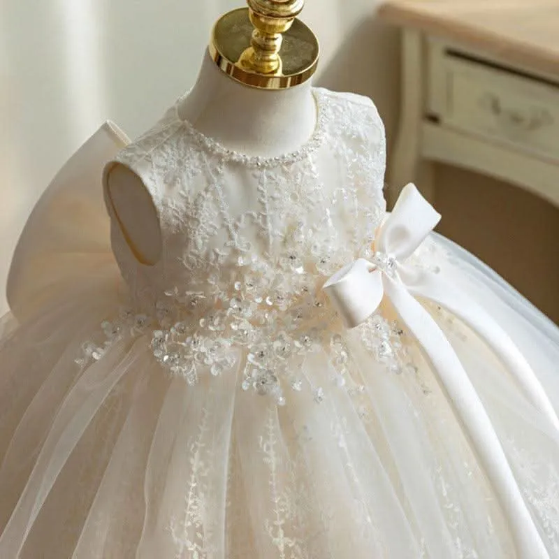 Elegant White Lace Princess Dress Suitable for girls aged 0-12 years old Baby's Pearl-Embellished Tulle Dress