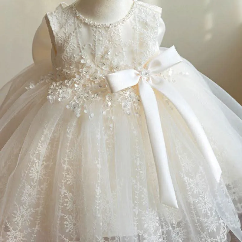 Elegant White Lace Princess Dress Suitable for girls aged 0-12 years old Baby's Pearl-Embellished Tulle Dress