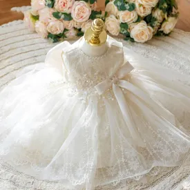 Elegant White Lace Princess Dress Suitable for girls aged 0-12 years old Baby's Pearl-Embellished Tulle Dress