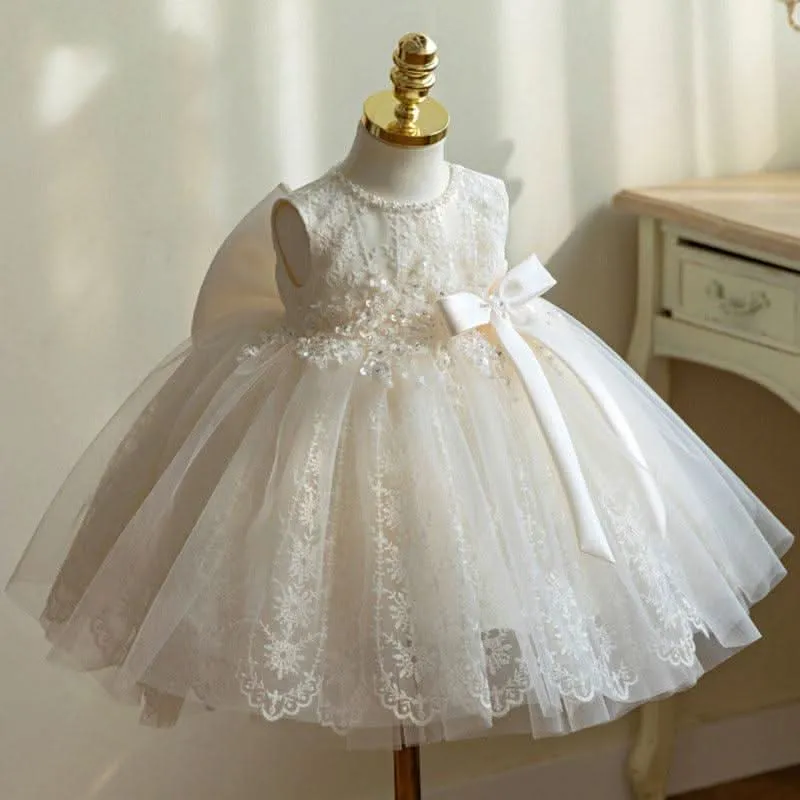 Elegant White Lace Princess Dress Suitable for girls aged 0-12 years old Baby's Pearl-Embellished Tulle Dress