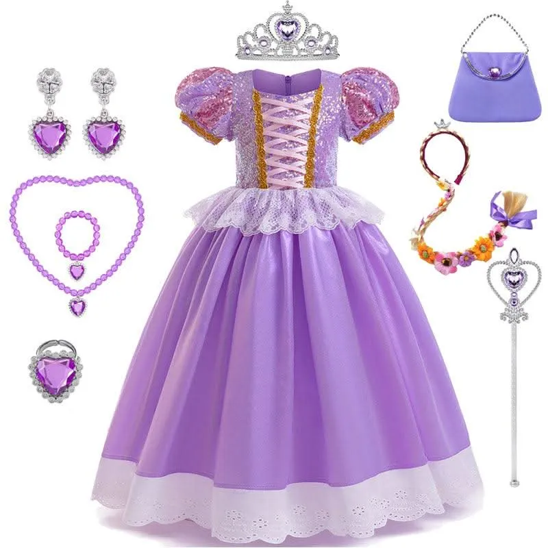 Fairy Tale Party Dress Girl's sequined bubble sleeve princess dress Enchanting Purple Princess Dress Set