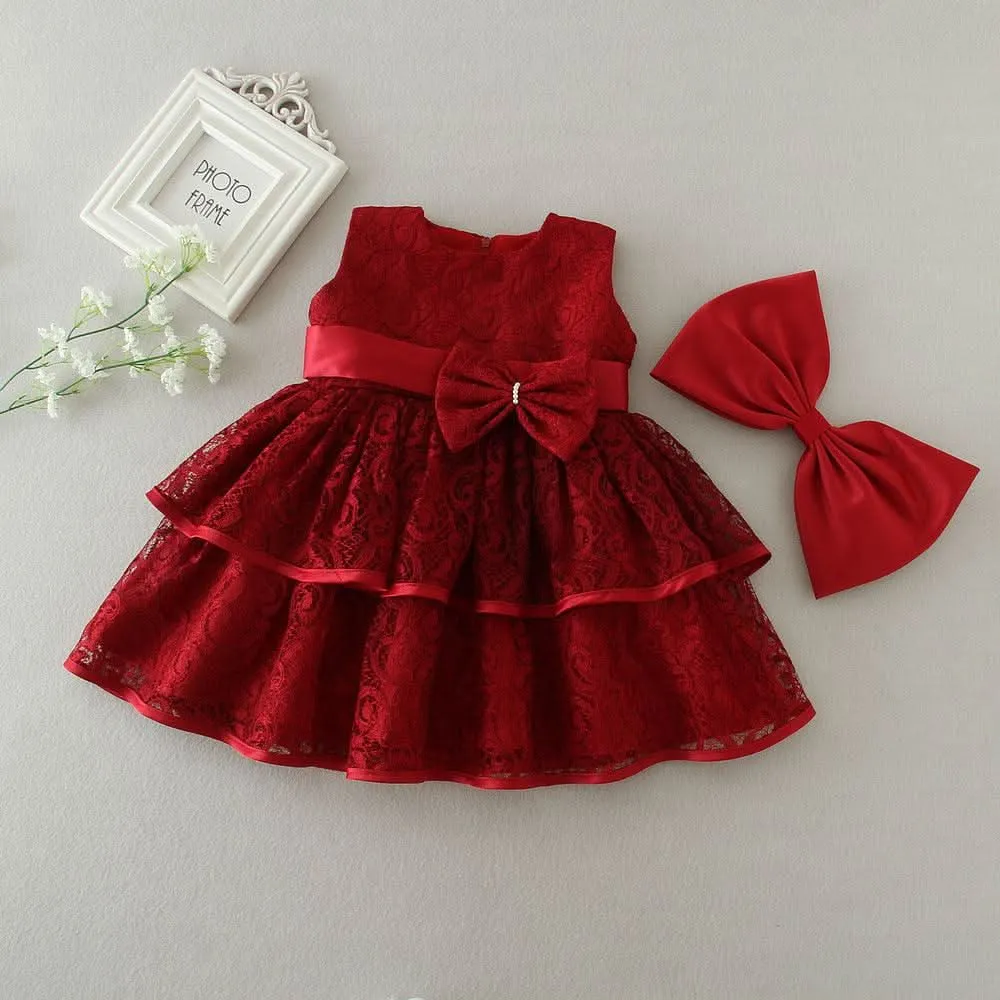 Girl's Gorgeous Red Bow Christmas Banquet Evening Dress Fashionable and Playful Lace Birthday Party Girl Princess Dress