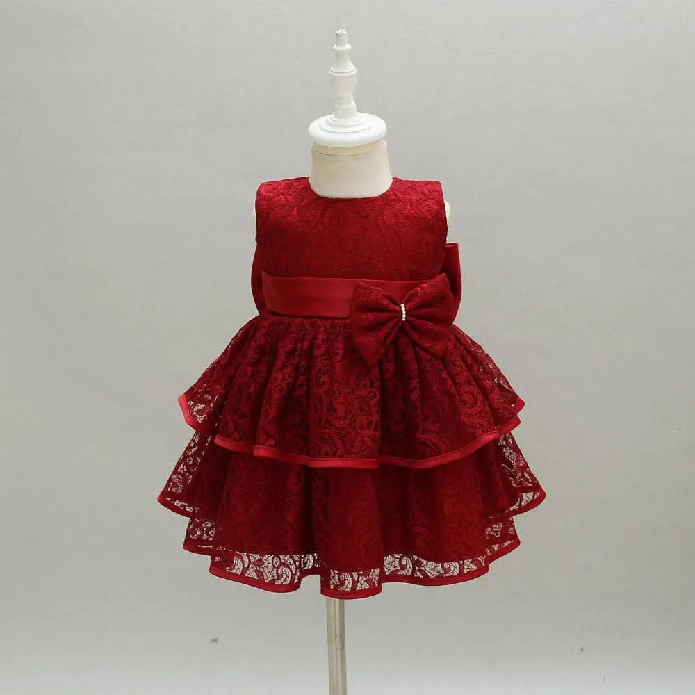 Girl's Gorgeous Red Bow Christmas Banquet Evening Dress Fashionable and Playful Lace Birthday Party Girl Princess Dress