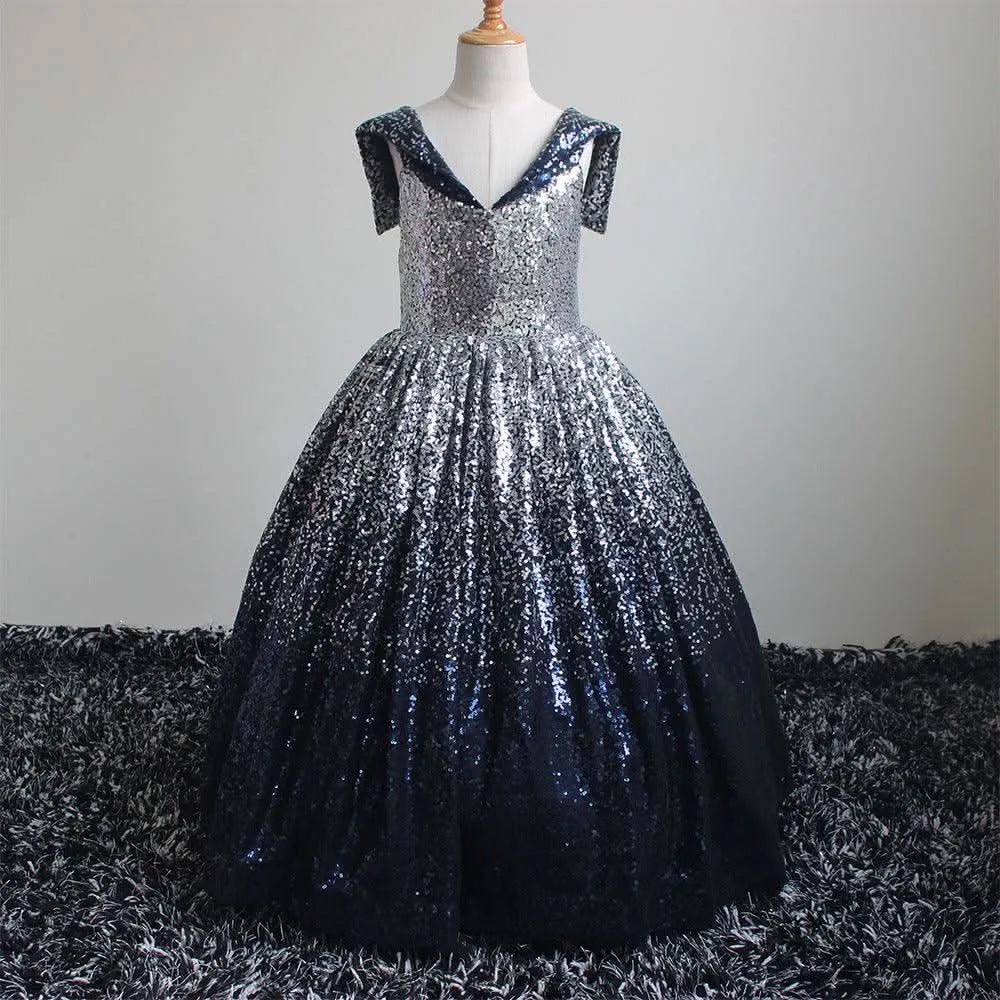 Girls sequin gradient line neck party princess dress for girls