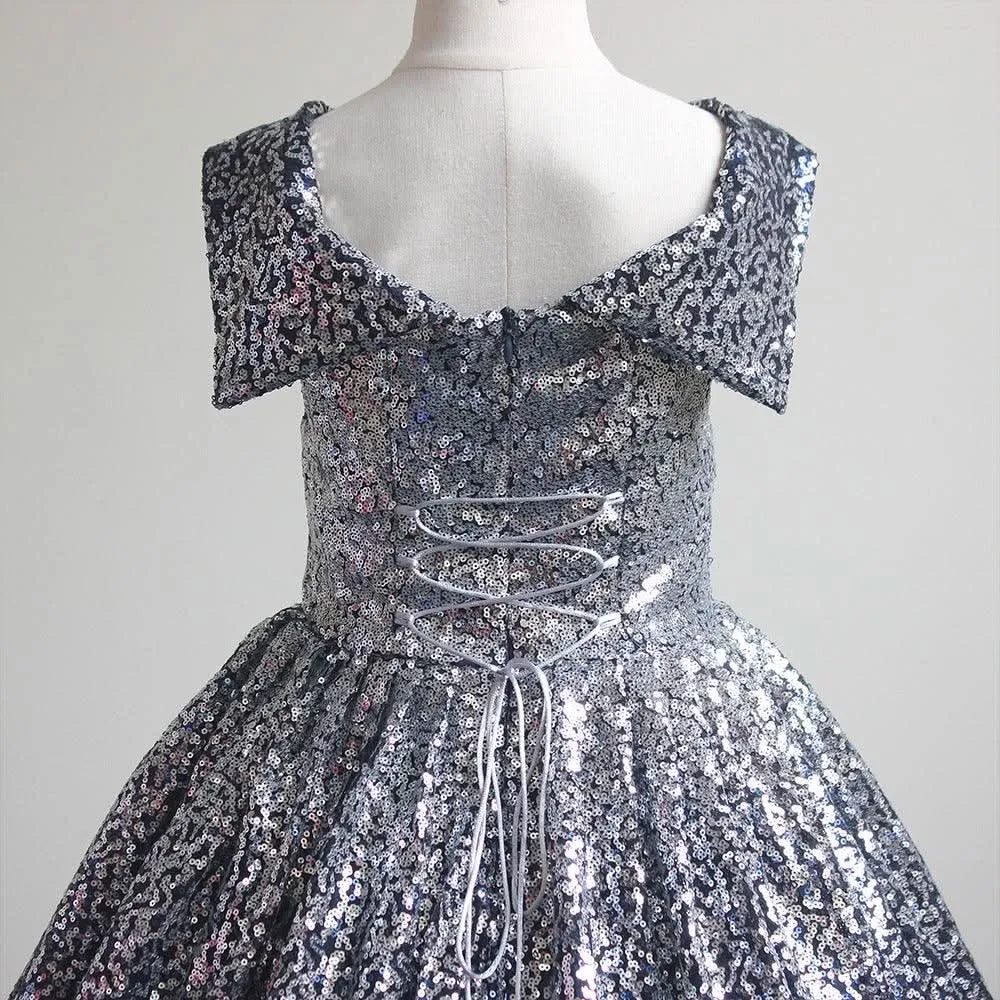 Girls sequin gradient line neck party princess dress for girls