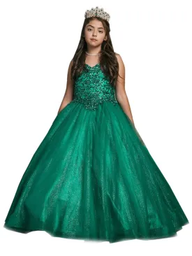 Little Girls Emerald Green Embroidered Bodice Tulle Gown 2-6