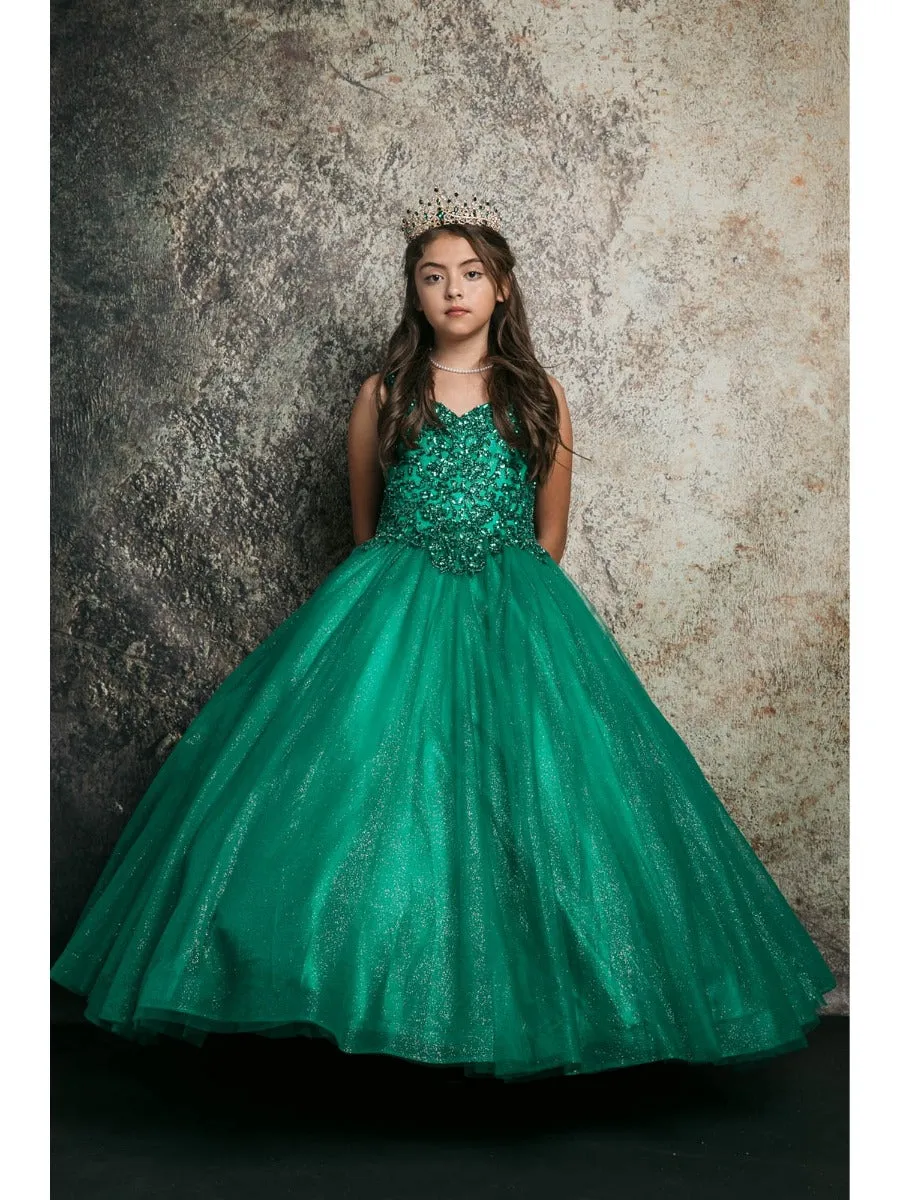 Little Girls Emerald Green Embroidered Bodice Tulle Gown 2-6