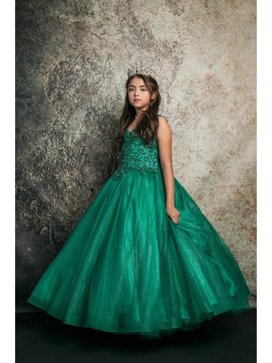 Little Girls Emerald Green Embroidered Bodice Tulle Gown 2-6