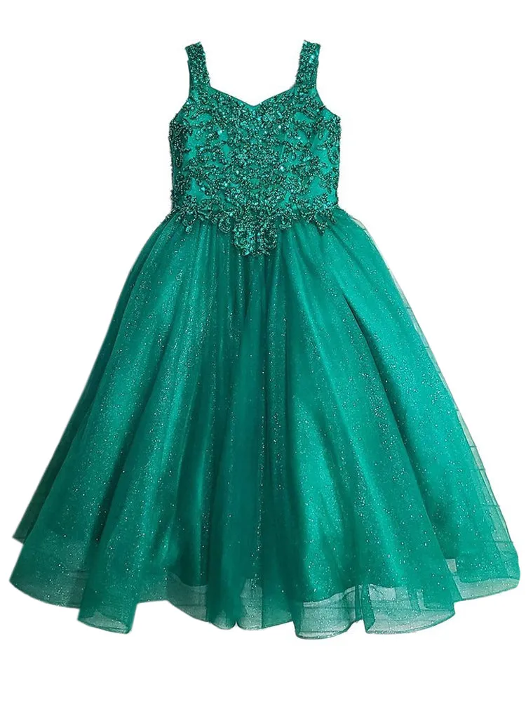 Little Girls Emerald Green Embroidered Bodice Tulle Gown 2-6