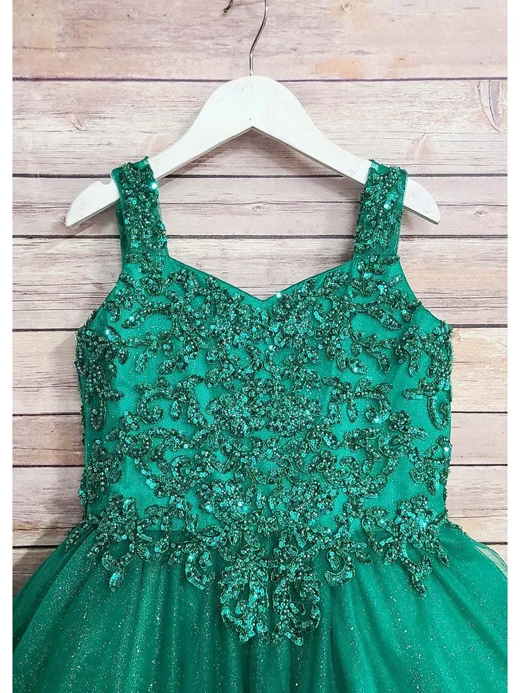 Little Girls Emerald Green Embroidered Bodice Tulle Gown 2-6