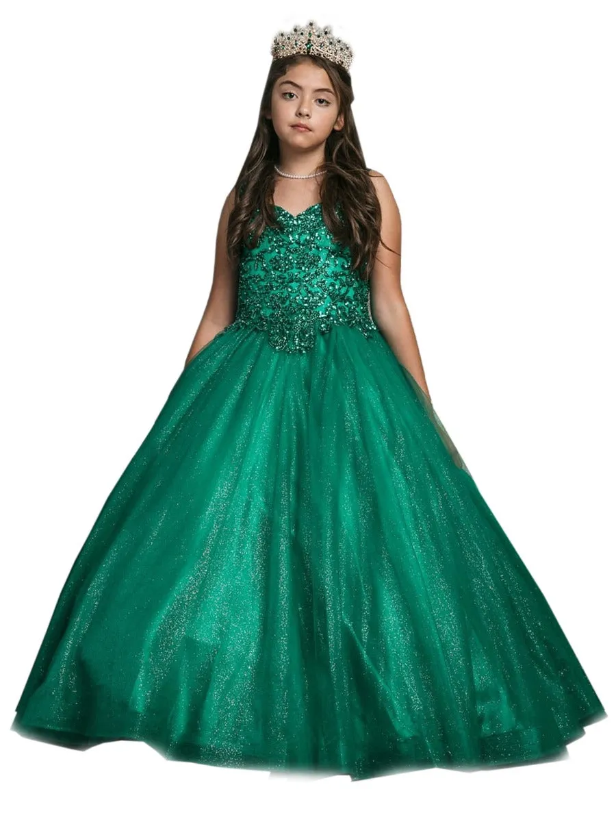 Little Girls Emerald Green Embroidered Bodice Tulle Gown 2-6