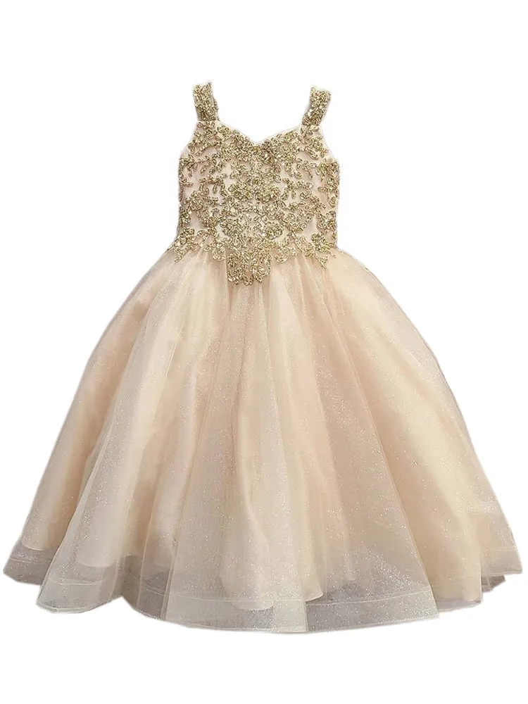 Little Girls Gold Embroidered Bodice Glitter Tulle Gown 2-6