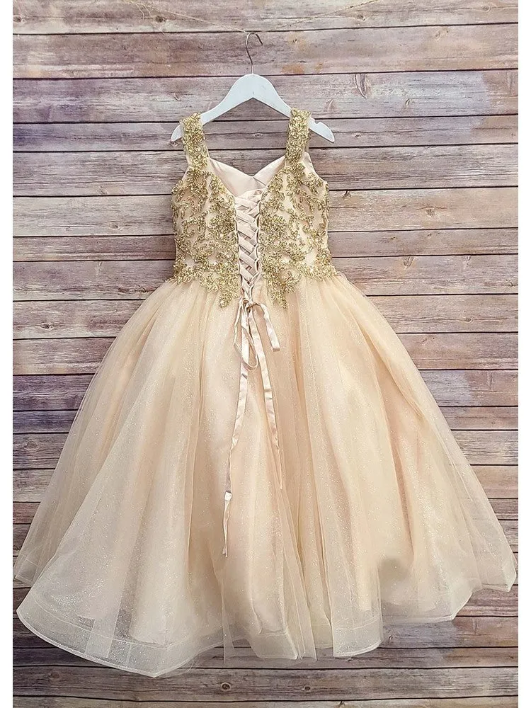 Little Girls Gold Embroidered Bodice Glitter Tulle Gown 2-6