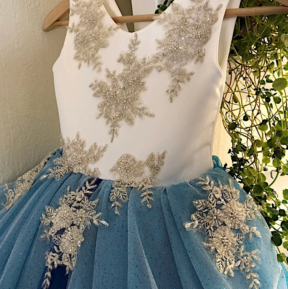 Mercedes Ivory And Blue Lace Ball Gown