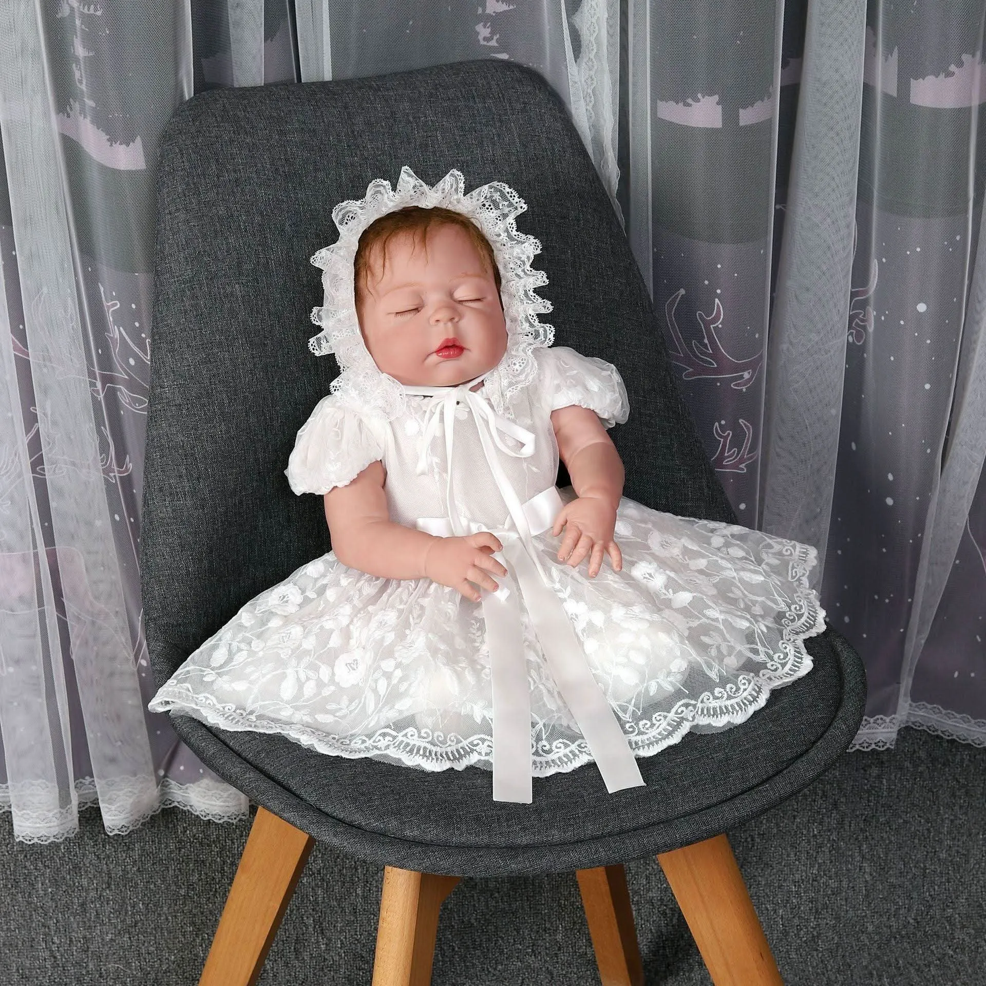 New Baby Elegant Lace Full Moon Birthday Party Evening Dress with Bow Cute Short Sleeve White Puff Dress Hat