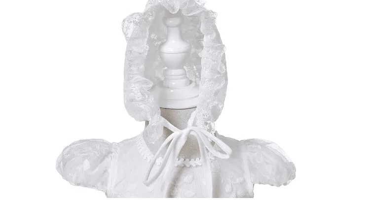 New Baby Elegant Lace Full Moon Birthday Party Evening Dress with Bow Cute Short Sleeve White Puff Dress Hat