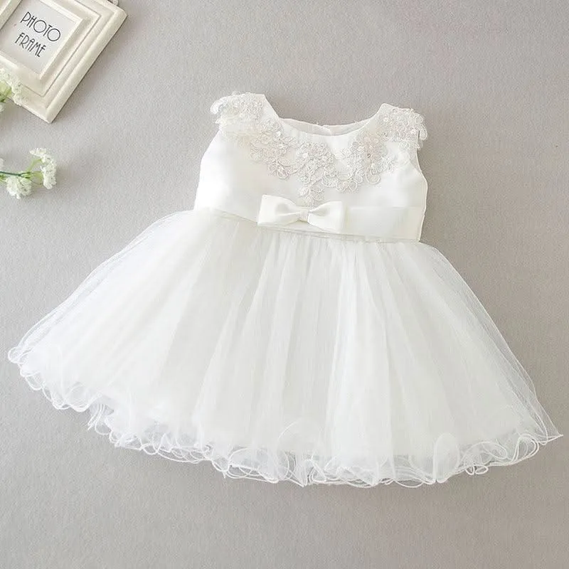 New Cute Bow Tulle Embroidered Baby Dress Classic White Lace Birthday Party Elegant Lace Girl Princess Dress