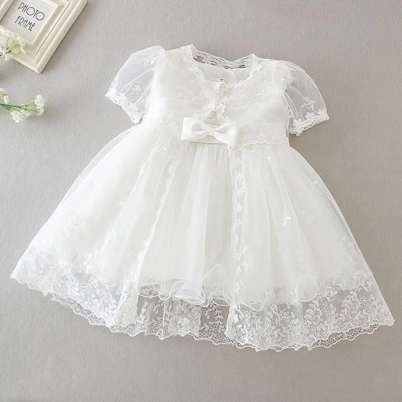 New Cute Bow Tulle Embroidered Baby Dress Classic White Lace Birthday Party Elegant Lace Girl Princess Dress