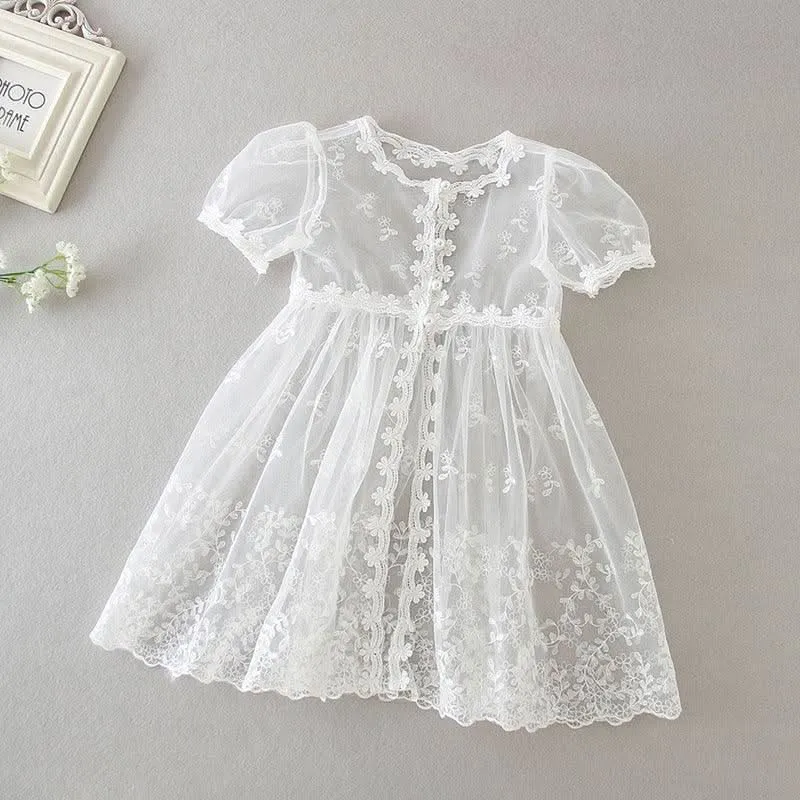 New Cute Bow Tulle Embroidered Baby Dress Classic White Lace Birthday Party Elegant Lace Girl Princess Dress