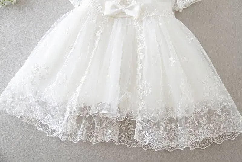 New Cute Bow Tulle Embroidered Baby Dress Classic White Lace Birthday Party Elegant Lace Girl Princess Dress