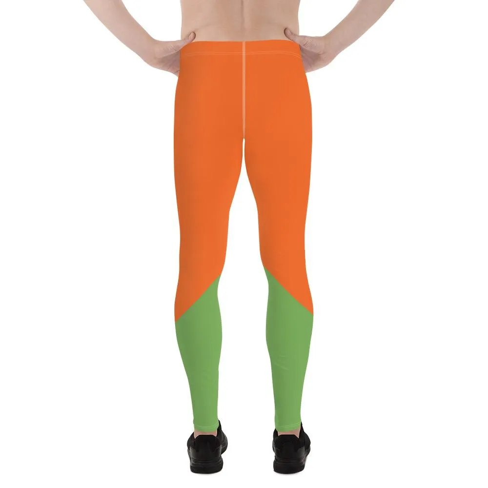 Orange Green Color Block Meggings, Designer Orange Green Duo Color Men's Leggings Meggings Tights Pants- Made in USA/ EU