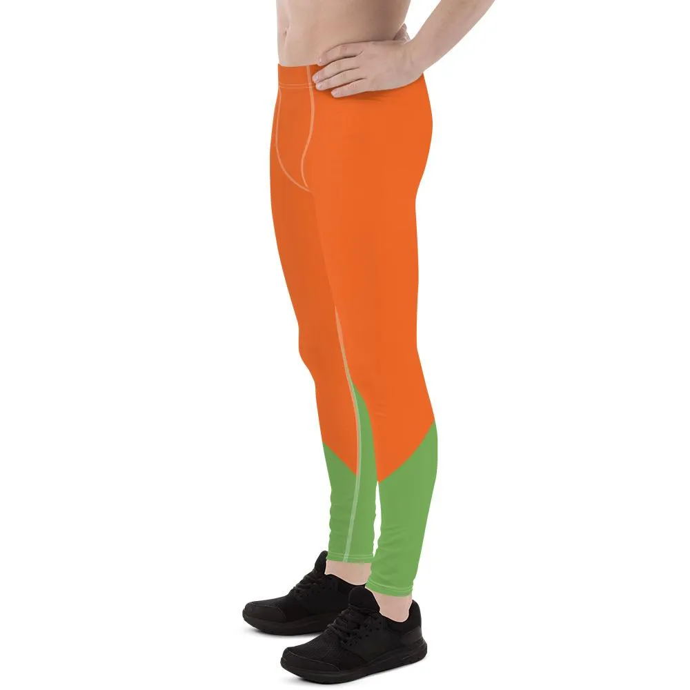 Orange Green Color Block Meggings, Designer Orange Green Duo Color Men's Leggings Meggings Tights Pants- Made in USA/ EU