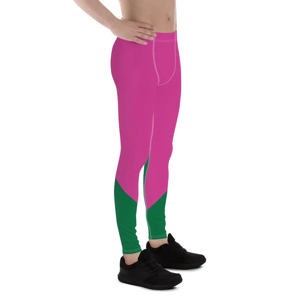 Pink Green Color Block Meggings, Best Hot Pink Green Shade Duo Colors Men's Leggings Meggings Tights- Made in USA/ EU