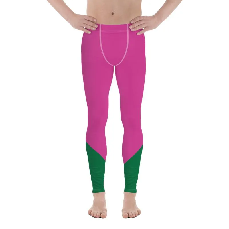 Pink Green Color Block Meggings, Best Hot Pink Green Shade Duo Colors Men's Leggings Meggings Tights- Made in USA/ EU