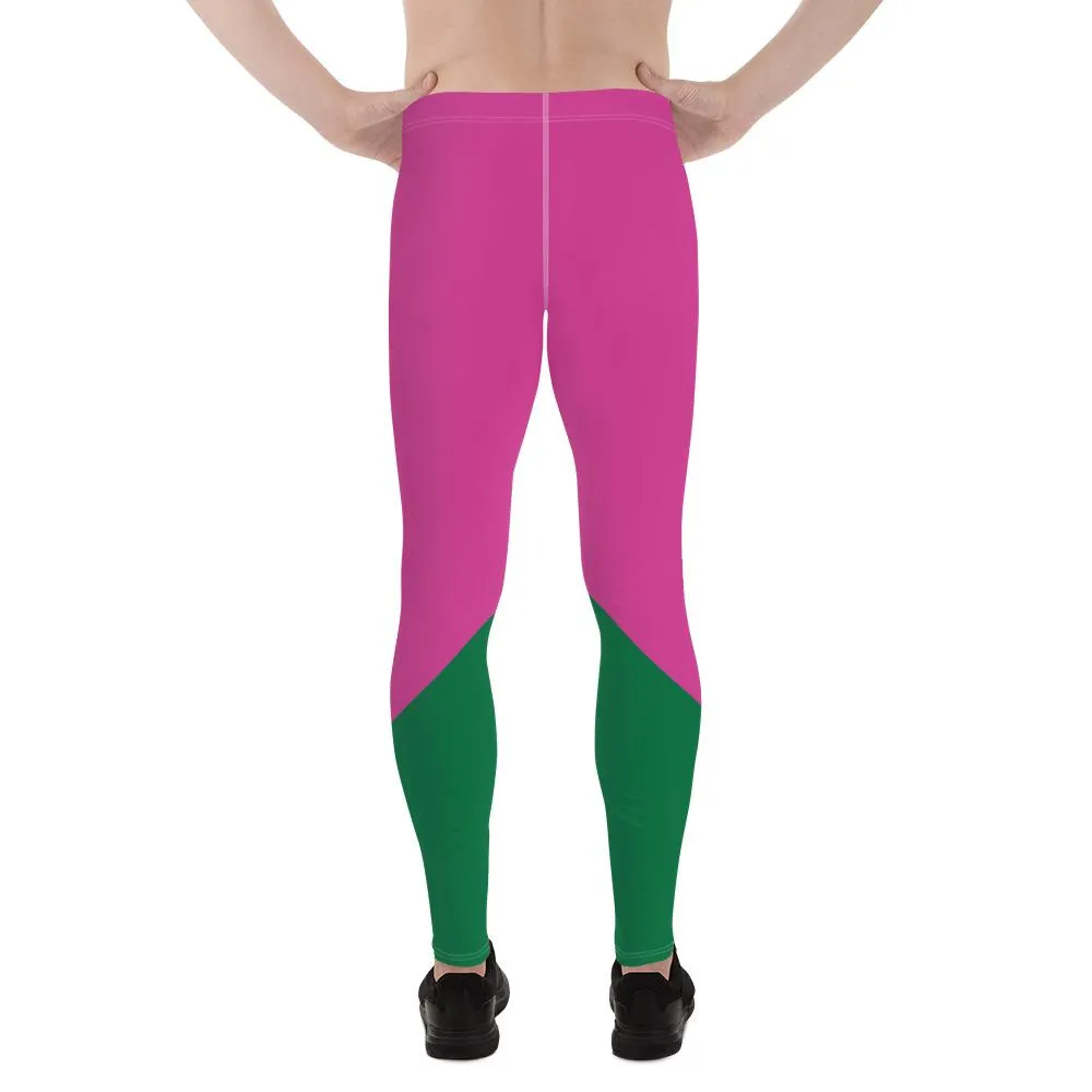 Pink Green Color Block Meggings, Best Hot Pink Green Shade Duo Colors Men's Leggings Meggings Tights- Made in USA/ EU