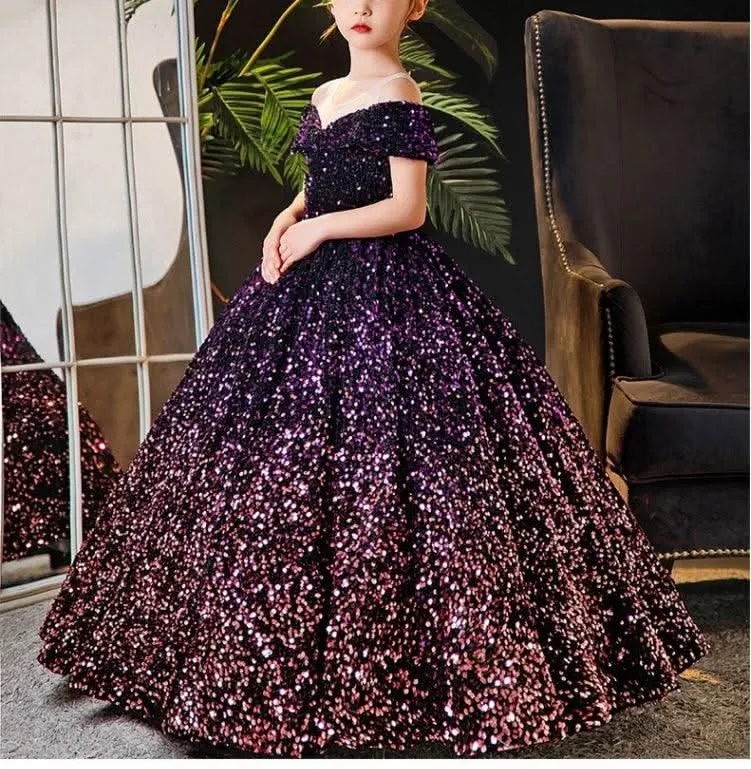 Sequined princess dress with a line neck for girls clothes